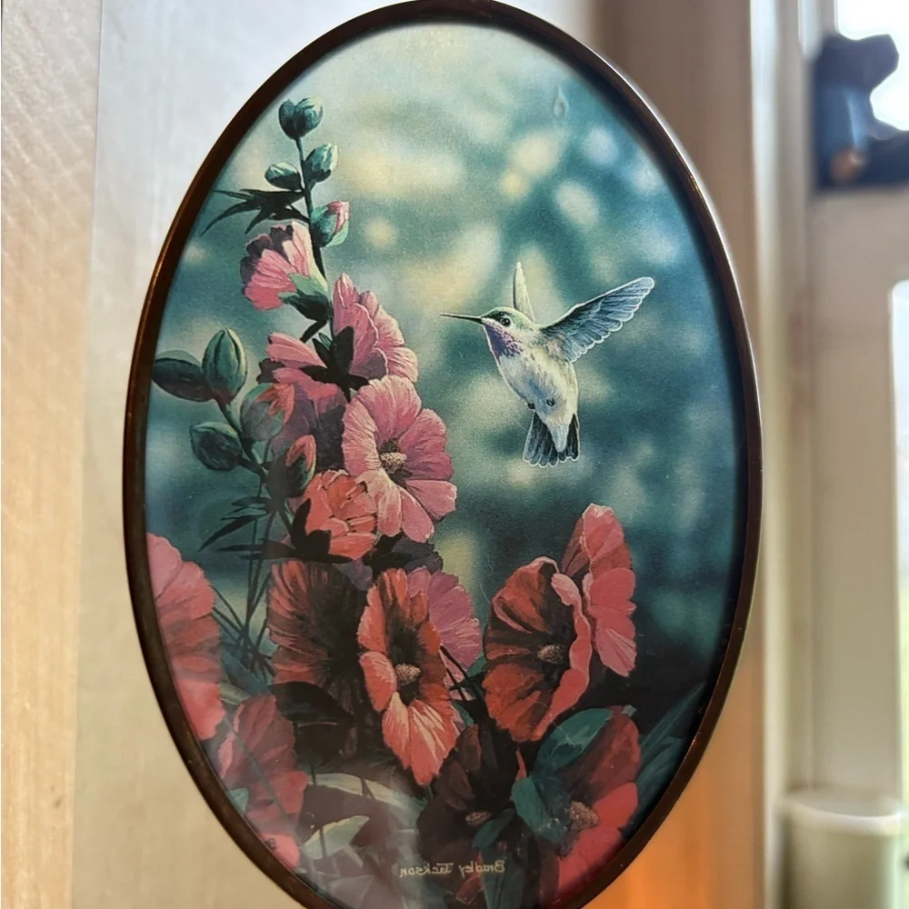 Oval Hummingbird and Flowers Hanging Art Suncatcher